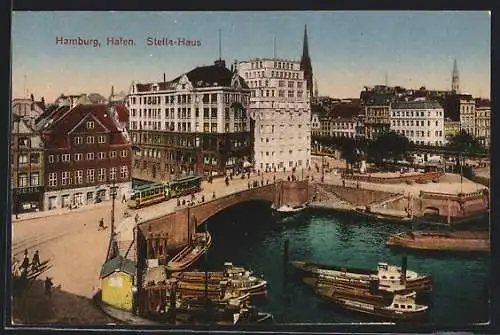 AK Hamburg, Hafen, Stella-Haus, Strassenbahn