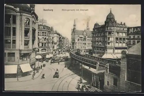 AK Hamburg, Rödingsmarkt mit Alterwall und Strassenbahn