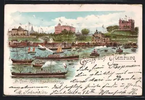 Lithographie Hamburg-St. Pauli, Blick auf die Landungsbrücken, Dampfer und Segelschiffe