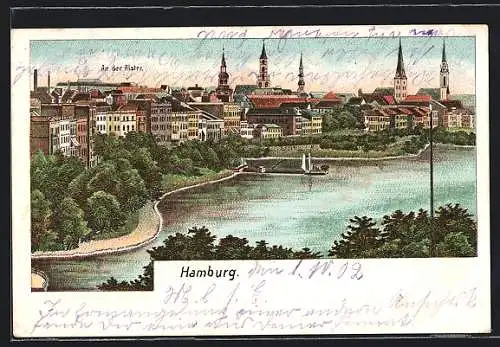 Lithographie Hamburg-St.Georg, Ortsansicht, An der Alster