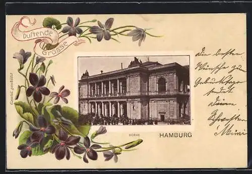 Präge-AK Hamburg, Ansicht der Börse mit geprägtem Blumenmotiv