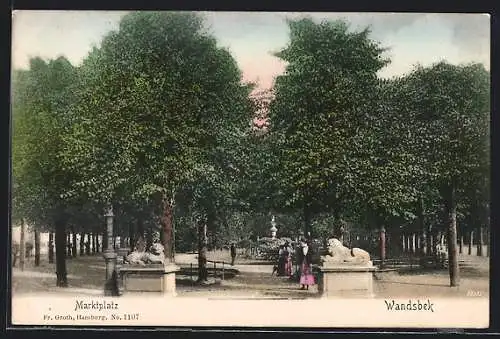 AK Hamburg-Wandsbek, Marktplatz mit Löwenstatuen