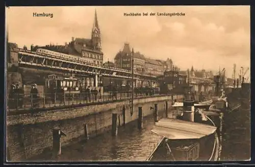 AK Hamburg, Hochbahn bei der Landungsbrücke, Strassenbahn