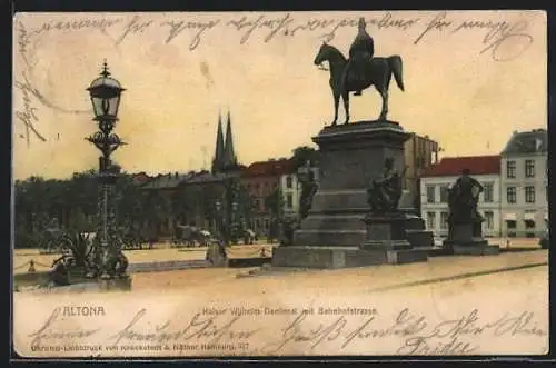 AK Hamburg-Altona, Kaiser Wilhelm Denkmal in der Bahnhofstrasse am frühen Abend