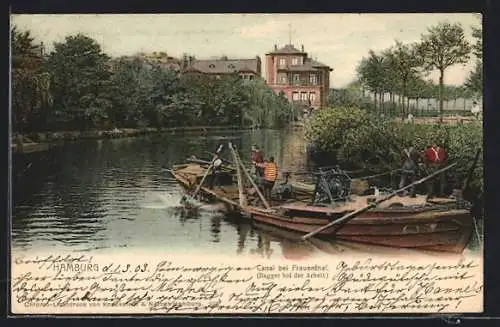 AK Hamburg-Harvestehude, Baggerschiff bei der Arbeit im Canal beim Frauenthal