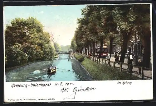 Lithographie Hamburg-Uhlenhorst, Ruderboot am Hofweg