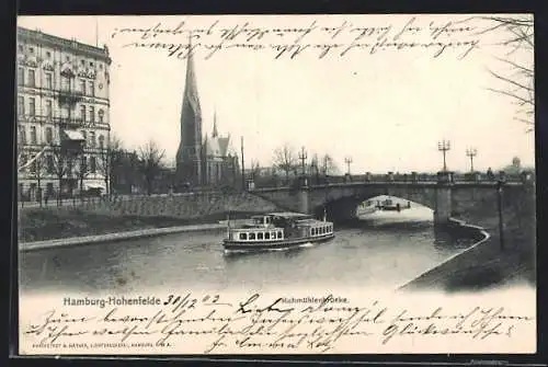 AK Hamburg-Hohenfelde, Kuhmühlenbrücke mit Kirche