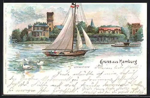 Lithographie Hamburg, Uhlenhorst, Dampfer, Segelboot