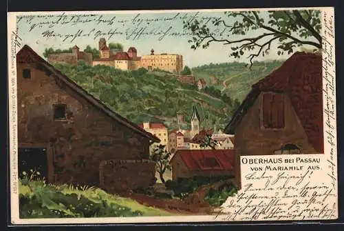 Lithographie Oberhaus bei Passau, Ortsansicht von Mariahilf aus