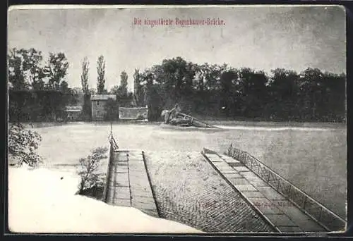 AK München-Bogenhausen, Blick auf die eingestürzte Bogenhauser Brücke, Katastrophe