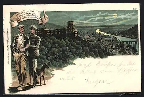 Lithographie Heidelberg, Ortsansicht, Studenten beim Abendspaziergang