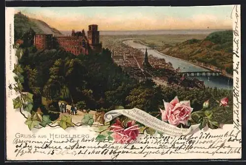 Lithographie Heidelberg, Teilansicht mit Burg