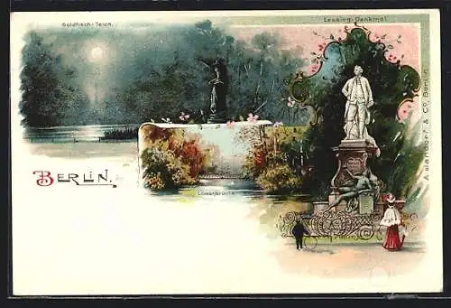 Lithographie Berlin-Tiergarten, Goldfischteich, Lessing-Denkmal und Löwenbrunnen