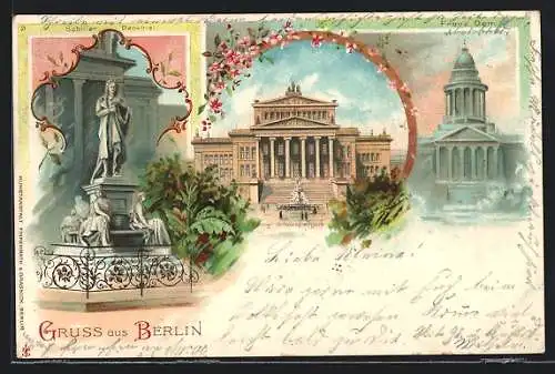 Lithographie Berlin, Schiller-Denkmal, Königliches Schauspielhaus, Französischer Dom, Gendarmenmarkt, um 1900