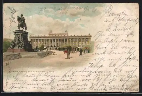 Lithographie Berlin, Lustgarten mit Museum und Denkmal Friedrich Wilhelm III.