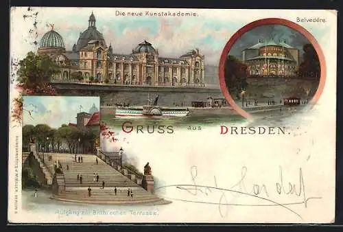 Lithographie Dresden, die neue Kunstakademie, Belvedere und Brühl'sche Terrasse