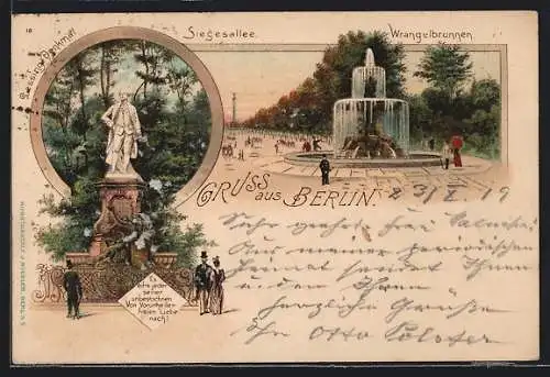 Lithographie Berlin-Tiergarten, Partie am Wrangelbrunnen, Lessing-Denkmal