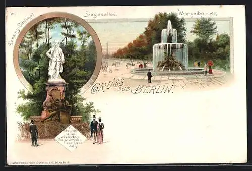 Lithographie Berlin-Tiergarten, Partie am Wrangelbrunnen, Lessing-Denkmal