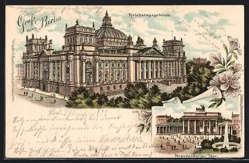 Lithographie Berlin-Tiergarten, Reichstagsgebäude und Brandenburger Thor