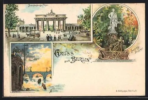 Lithographie Berlin, Brandenburger Thor, Stadtbahn, Lessing-Denkmal