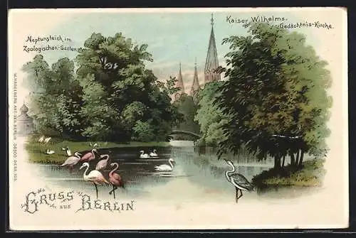 Lithographie Berlin-Tiergarten, Neptunsteich im Zoologischen-Garten am Grossen Tiergarten