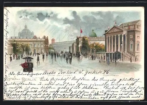 Lithographie Berlin, Opernhaus Unter den Linden, belebte Strassenpartie