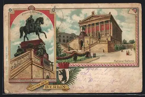 Lithographie Berlin, National-Galerie und Denkmal Friedrich Wilhelm IV, Wappen der Stadt