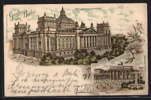 Vorläufer-Lithographie Berlin-Tiergarten, 1895, Reichstag aus der Vogelschau, Brandenburger Thor