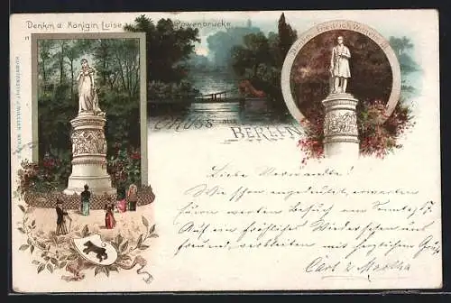 Lithographie Berlin-Tiergarten, Löwenbrücke, Denkmal Königin Luise und Friedrich Wilhelm III., Wappen