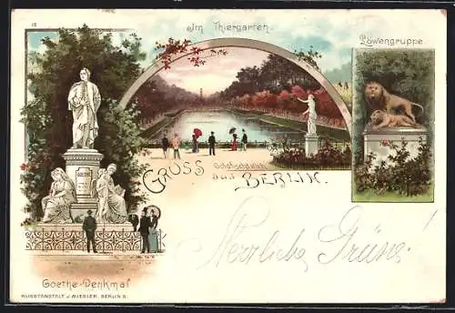 Lithographie Berlin-Tiergarten, Löwengruppe, Goldfischteich, Goethe-Denkmal
