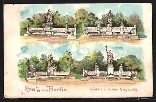 Lithographie Berlin-Tiergarten, Denkmäler in der Siegesallee