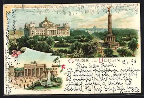 Lithographie Berlin-Tiergarten, Ansicht vom Reichstagsgebäude und Brandenburger Tor