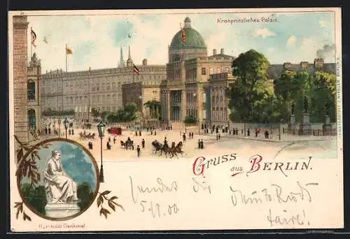 Lithographie Berlin, Teilansicht Kronprinzen Palais, Humboldt-Denkmal