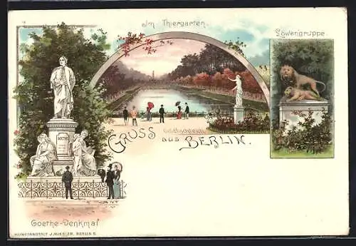 Lithographie Berlin-Tiergarten, Löwengruppe, Goldfischteich, Goethe-Denkmal