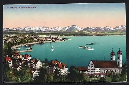 AK Friedrichshafen a. B., Zeppelin und Wasserflugzeug über dem Bodensee