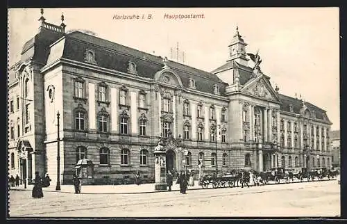 AK Karlsruhe i. B., Hauptpostamt mit Litfasssäule