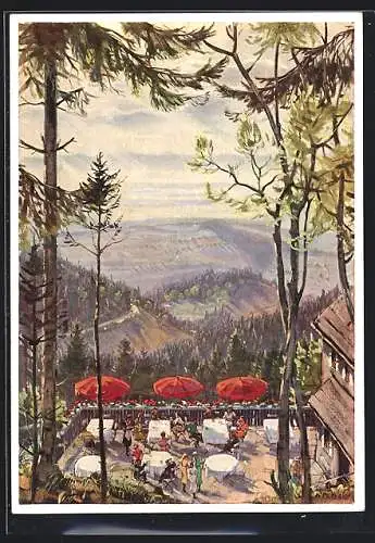 Künstler-AK Freiburg /Breisgau, Schauinslandbahn, Terrasse des Berghotels