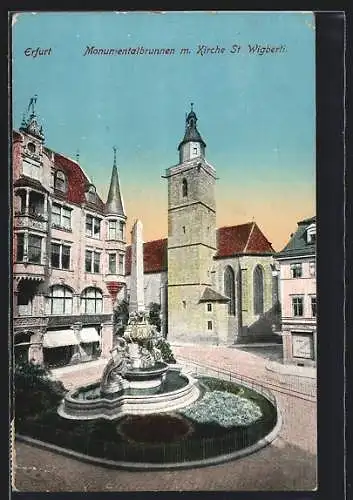 AK Erfurt, Monumentalbrunnen mit Kirche St. Wigberti