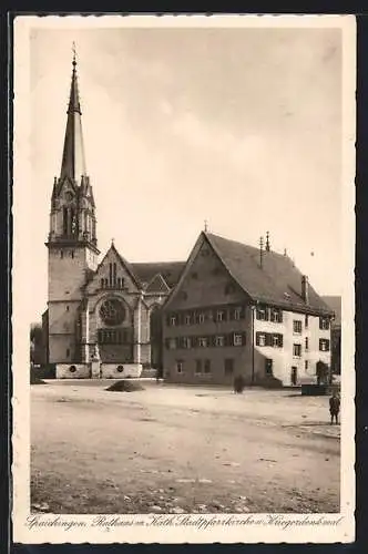 AK Spaichingen, Rathaus mit Kath. Stadtpfarrkirche & Kriegerdenkmal