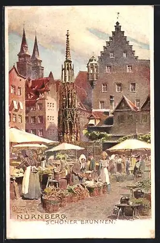 AK Nürnberg, Schöner Brunnen mit Markt