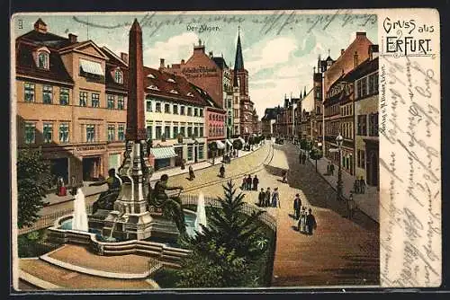 Lithographie Erfurt, Der Anger mit Brunnen