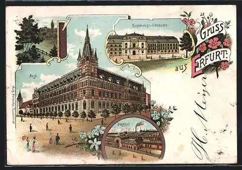 Lithographie Erfurt, Post, Regierungs-Gebäude, Bahnhof
