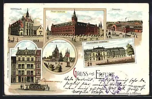 Lithographie Erfurt, Warenhaus L. Pinthus, Regierungsgebäude, Bahnhof