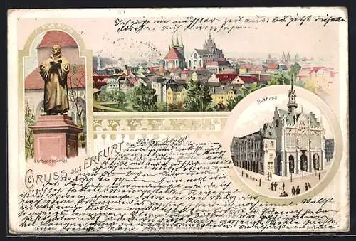 Lithographie Erfurt, Rathaus, Lutherdenkmal, Gesamtansicht