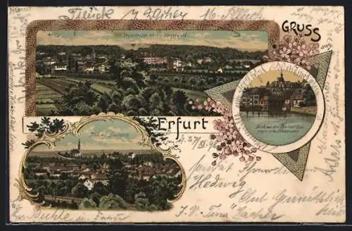 Lithographie Erfurt, Dreienbrunen mit dem Steigerwald, Hochheim, Junkersand