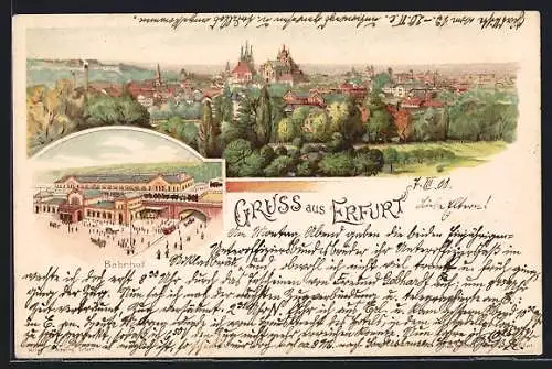 Lithographie Erfurt, Ortsansicht mit Bahnhof