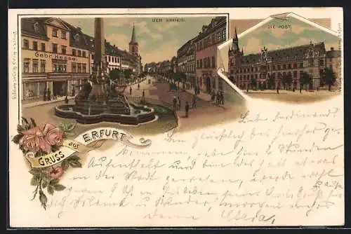 Lithographie Erfurt, Anger mit Geschäftshaus Gebr. Hesse, Post