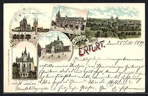 Lithographie Erfurt, Post, Dom u. St. Severikirche, Rathaus, Totalansicht