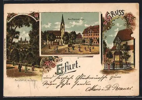 Lithographie Erfurt, Durchblick im Steiger, Kaufmannskirche, Luther-Denkmal