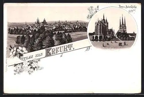 Lithographie Erfurt, Blick zum Ort, Dom u. Severikirche
